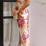 Modinzi Maxi dress Women’s Strapless Floral Satin Midi Dress – Elegant Backless Summer Occasion Dress