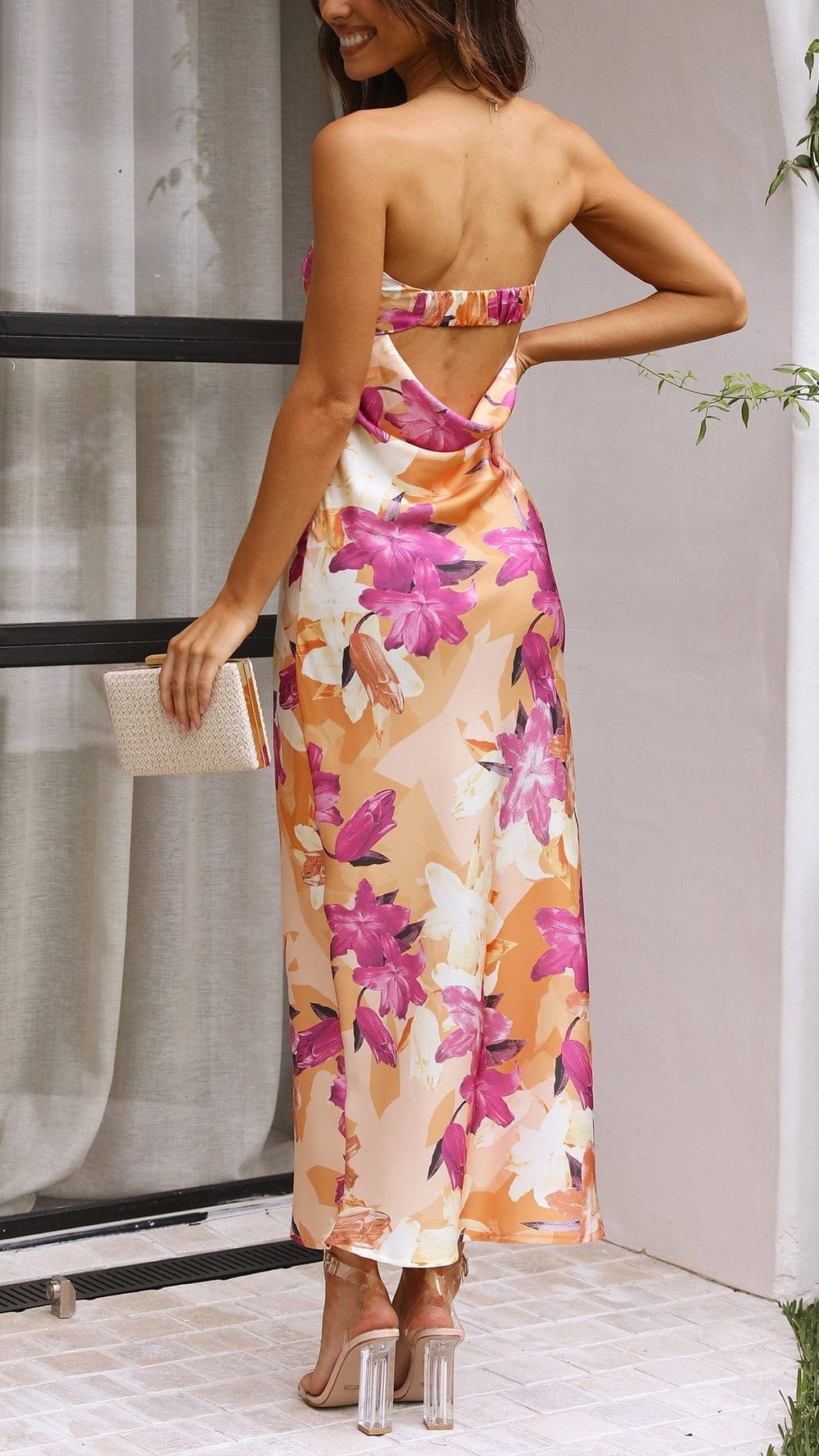 Modinzi Maxi dress Women’s Strapless Floral Satin Midi Dress – Elegant Backless Summer Occasion Dress