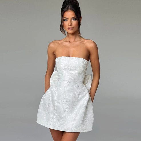 Modinzi Mini Dress White / 6 (XS) Women’s Strapless Jacquard Mini Dress – Bow-Back Cocktail Dress