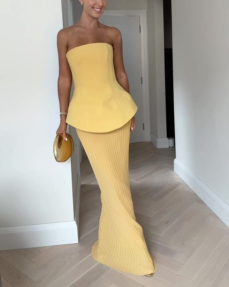 Modinzi Maxi dress Women’s Strapless Pleated Maxi Dress – Elegant Peplum Bodice