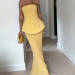 Modinzi Maxi dress Women’s Strapless Pleated Maxi Dress – Elegant Peplum Bodice