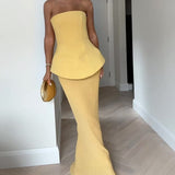 Modinzi Maxi dress Women’s Strapless Pleated Maxi Dress – Elegant Peplum Bodice