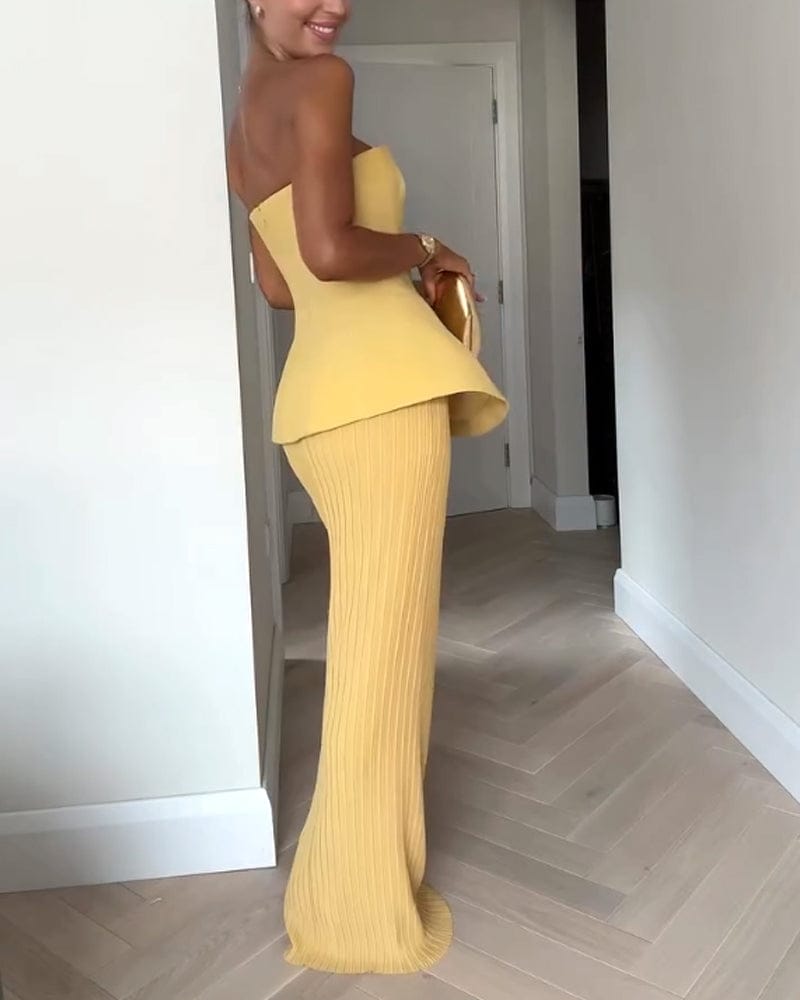 Modinzi Maxi dress Women’s Strapless Pleated Maxi Dress – Elegant Peplum Bodice