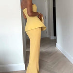 Modinzi Maxi dress Women’s Strapless Pleated Maxi Dress – Elegant Peplum Bodice