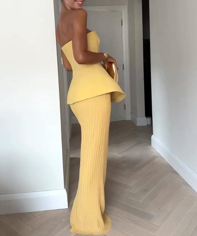 Modinzi Maxi dress Women’s Strapless Pleated Maxi Dress – Elegant Peplum Bodice