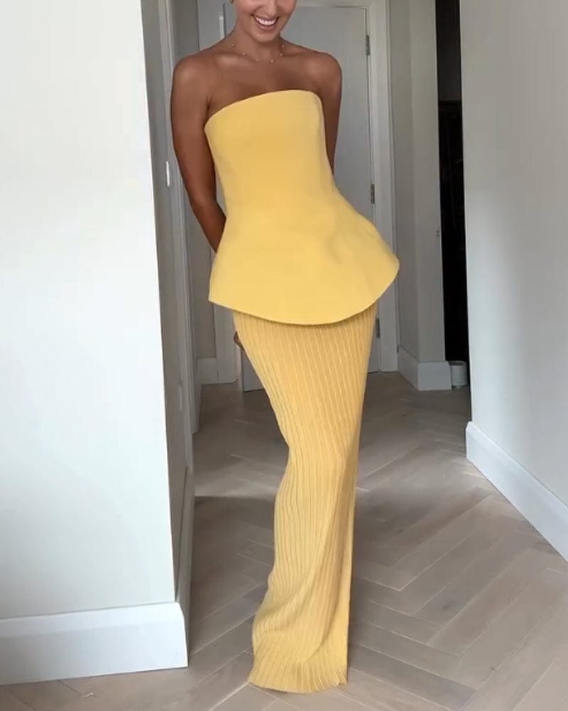 Modinzi Maxi dress Yellow / 8 (S) Women’s Strapless Pleated Maxi Dress – Elegant Peplum Bodice