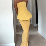 Modinzi Maxi dress Yellow / 8 (S) Women’s Strapless Pleated Maxi Dress – Elegant Peplum Bodice