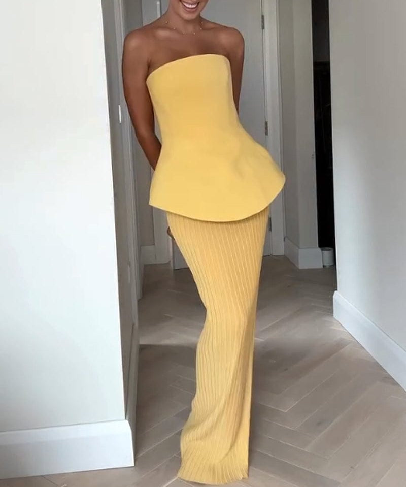 Modinzi Maxi dress Yellow / 8 (S) Women’s Strapless Pleated Maxi Dress – Elegant Peplum Bodice