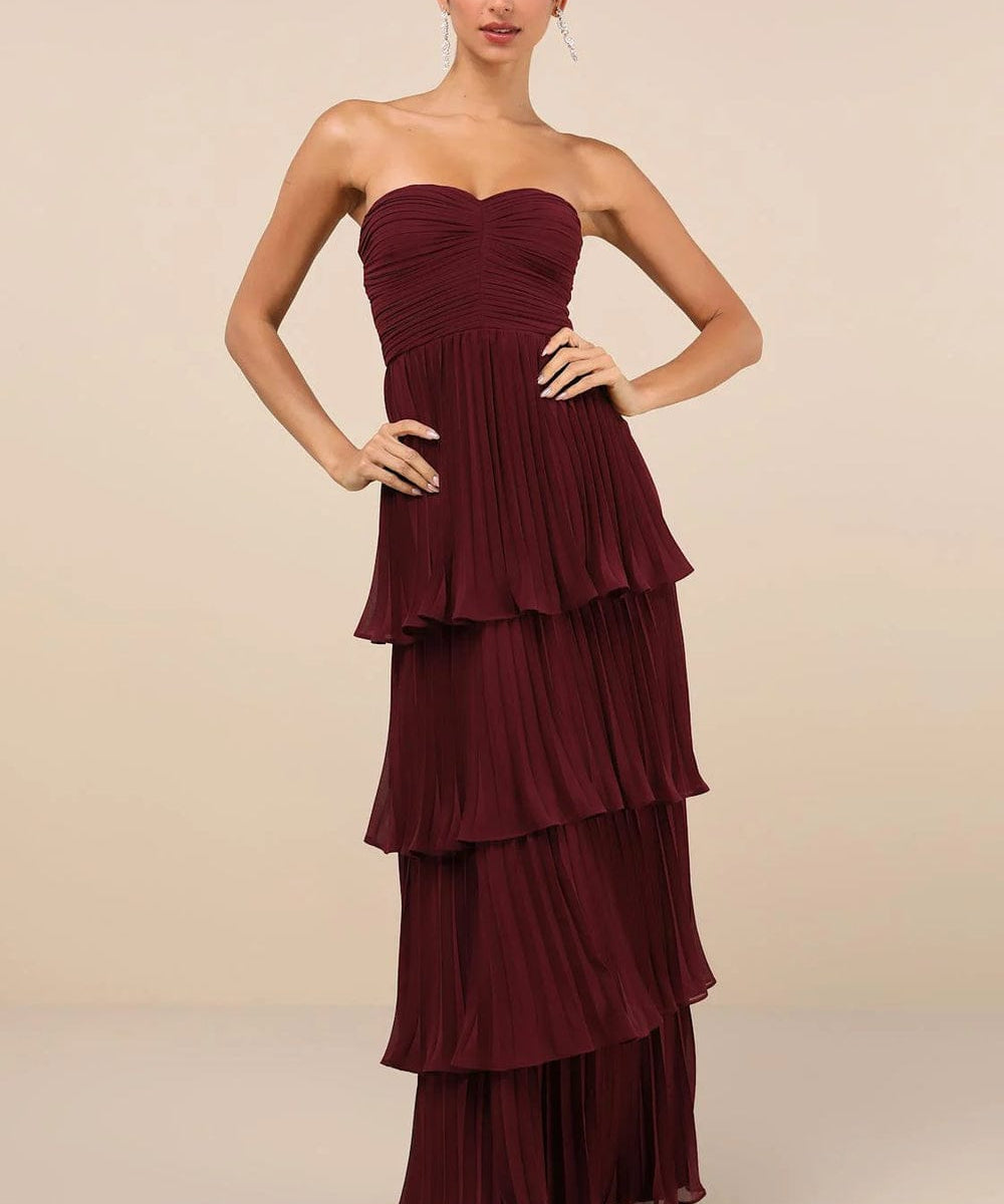 Modinzi Maxi dress Deep Wine / 8 (S) Women’s Strapless Pleated Tiered Maxi Dress – Formal Evening Gown