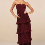 Modinzi Maxi dress Deep Wine / 8 (S) Women’s Strapless Pleated Tiered Maxi Dress – Formal Evening Gown