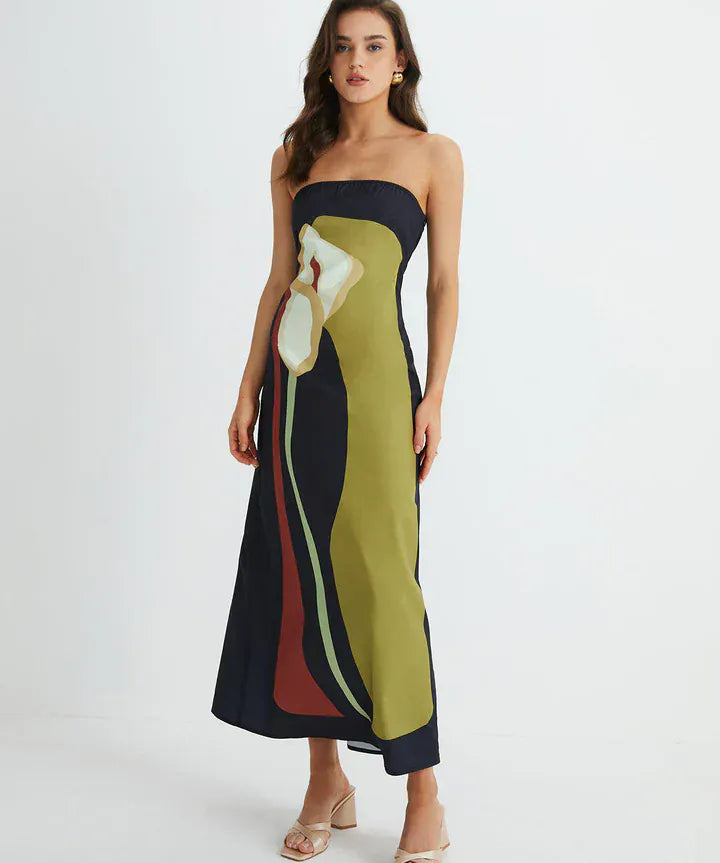 Modinzi Maxi dress Green / 8 (S) Women’s Strapless Summer Maxi Dress – Abstract Floral Print Black Green