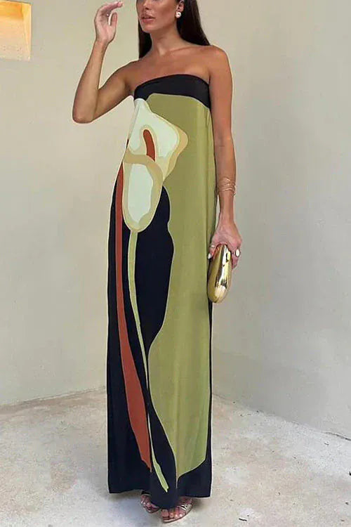 Modinzi Maxi dress Women’s Strapless Summer Maxi Dress – Abstract Floral Print Black Green