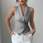 Modinzi tops Grey / 8 (S) Women’s Striped Sleeveless Wrap Blouse – Collared Waist-Tie Top