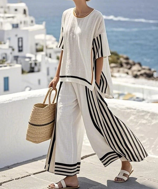 Modinzi Sets Striped / 8 (S) Women’s Striped Two-Piece Set – Relaxed Top & Wide-Leg Pants