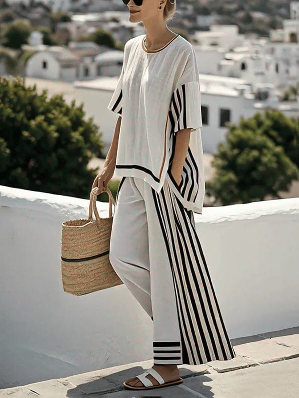 Modinzi Sets Women’s Striped Two-Piece Set – Relaxed Top & Wide-Leg Pants