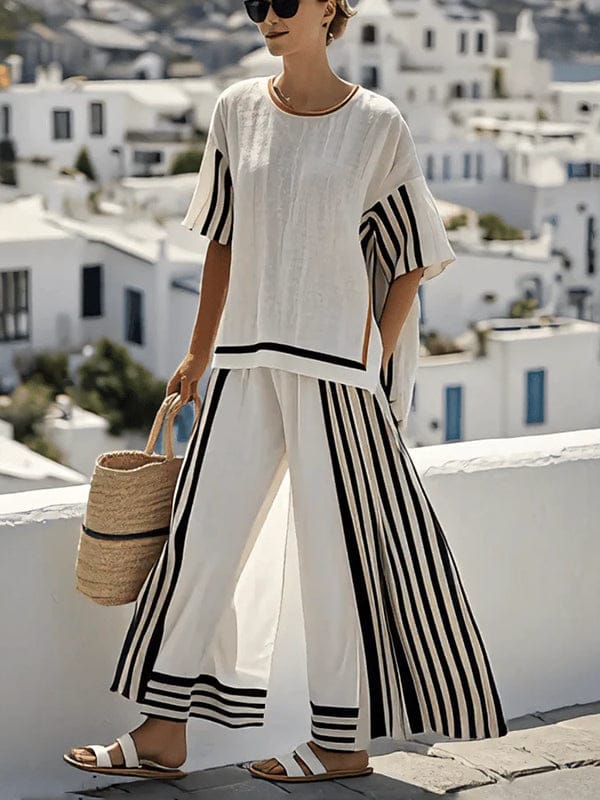 Modinzi Sets Women’s Striped Two-Piece Set – Relaxed Top & Wide-Leg Pants