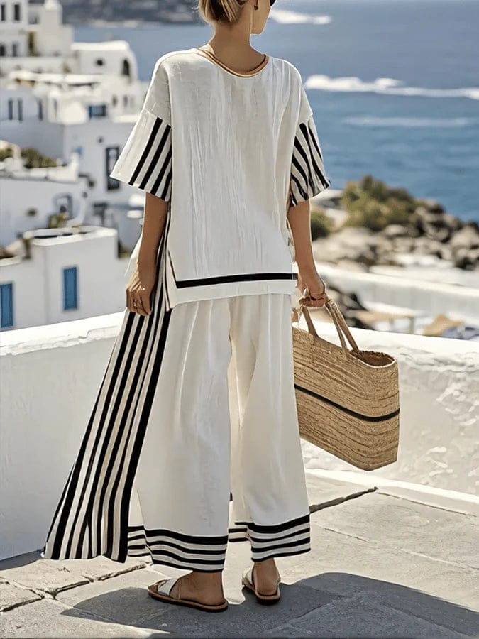Modinzi Sets Women’s Striped Two-Piece Set – Relaxed Top & Wide-Leg Pants