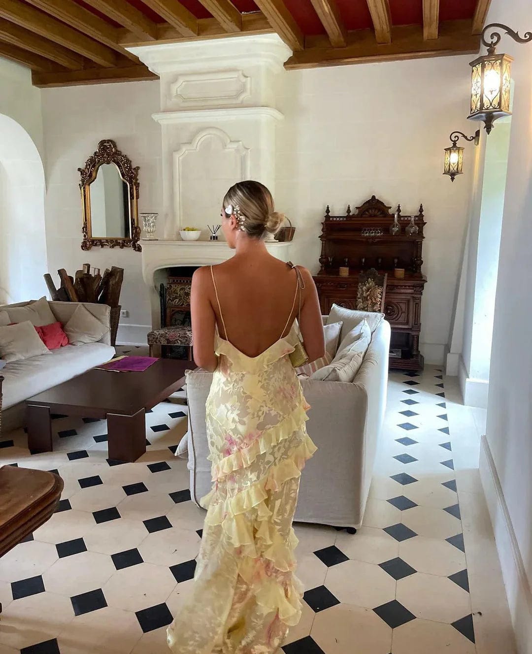 Modinzi Maxi dress Women’s Tiered Ruffle Maxi Dress – Floral Print Spaghetti Strap Evening Dress