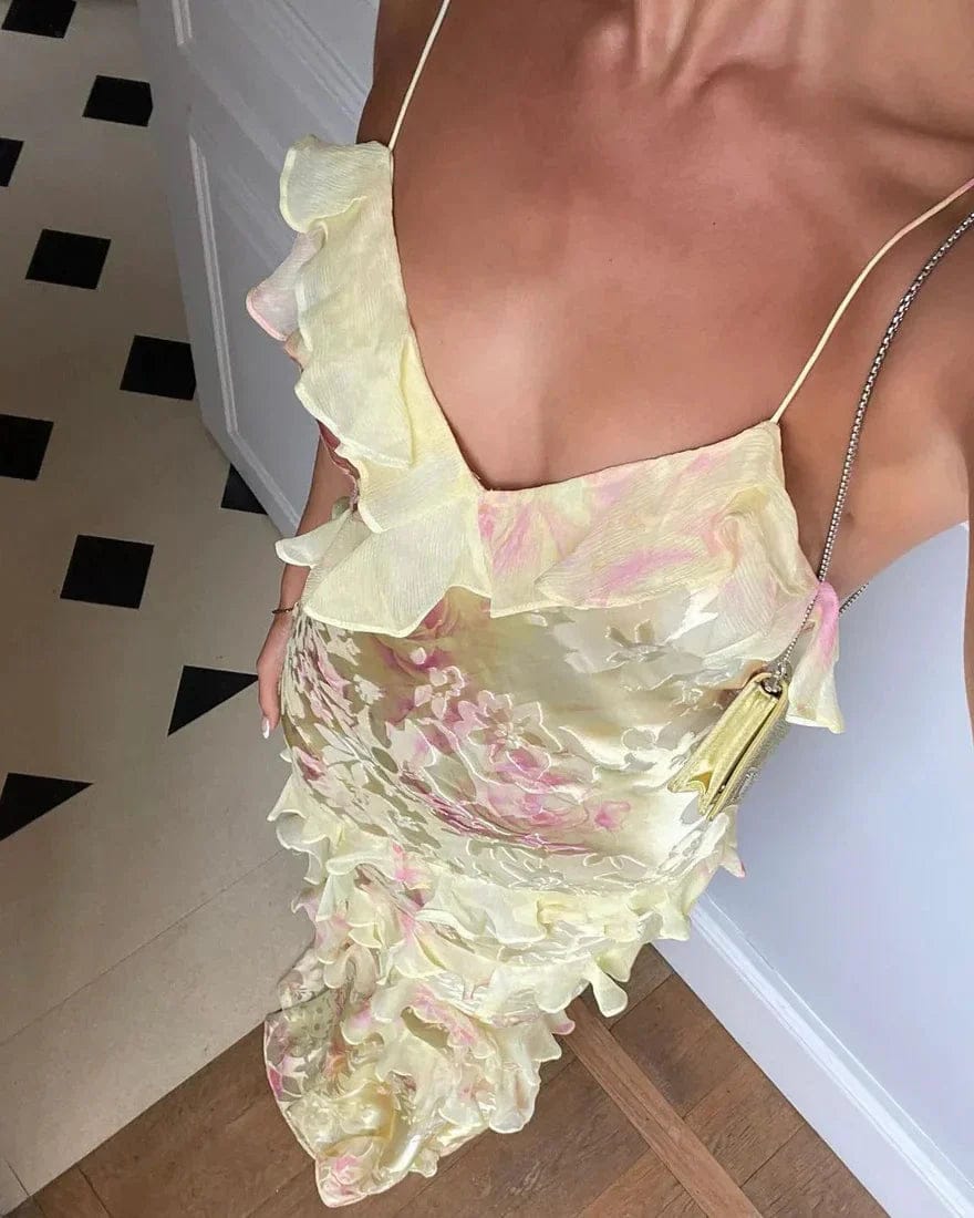 Modinzi Maxi dress Women’s Tiered Ruffle Maxi Dress – Floral Print Spaghetti Strap Evening Dress