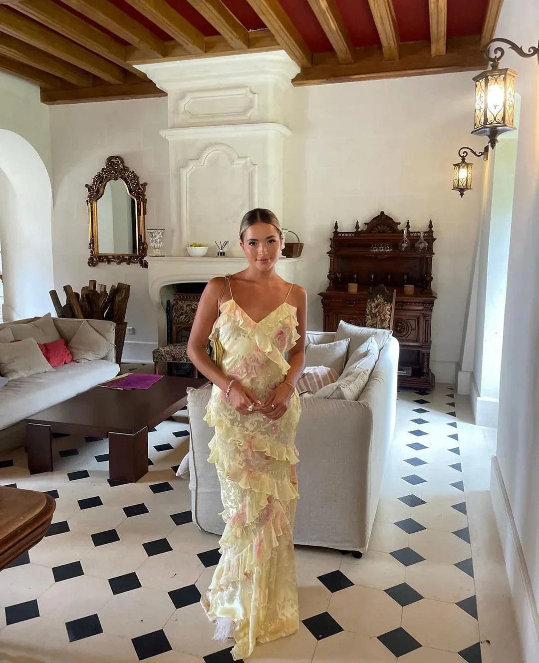 Modinzi Maxi dress Yellow / 8 (S) Women’s Tiered Ruffle Maxi Dress – Floral Print Spaghetti Strap Evening Dress