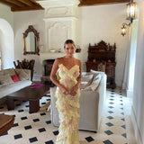 Modinzi Maxi dress Yellow / 8 (S) Women’s Tiered Ruffle Maxi Dress – Floral Print Spaghetti Strap Evening Dress