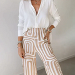 Modinzi Sets Beige / 8 (S) Women’s Two-Piece Set – White Button Shirt & High-Waist Geometric Wide Leg Trousers