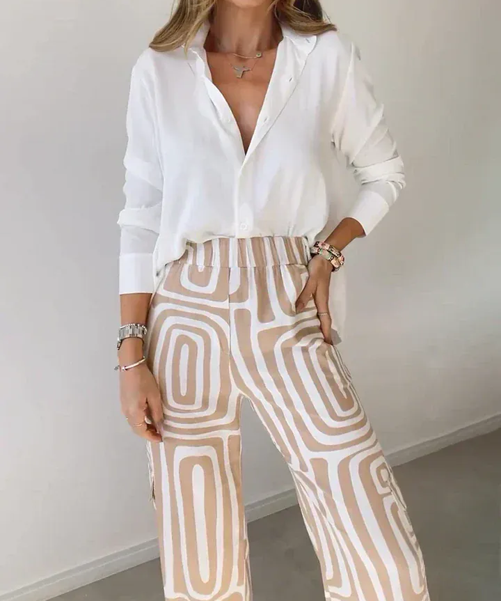 Modinzi Sets Beige / 8 (S) Women’s Two-Piece Set – White Button Shirt & High-Waist Geometric Wide Leg Trousers