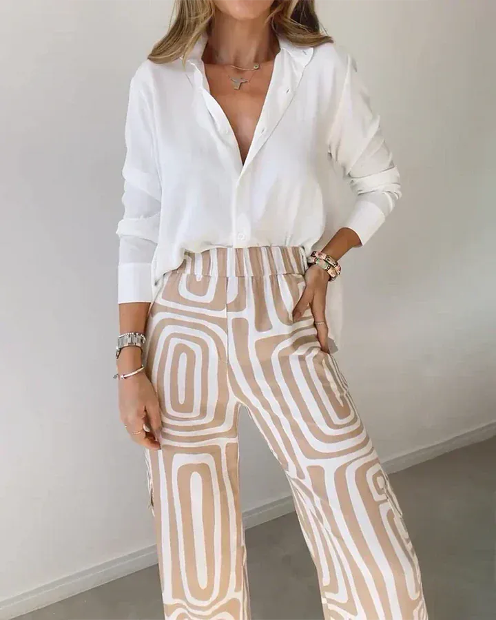 Modinzi Sets Beige / 8 (S) Women’s Two-Piece Set – White Button Shirt & High-Waist Geometric Wide Leg Trousers
