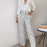 Modinzi Sets Grey / 8 (S) Women’s Two-Piece Set – White Button Shirt & High-Waist Geometric Wide Leg Trousers