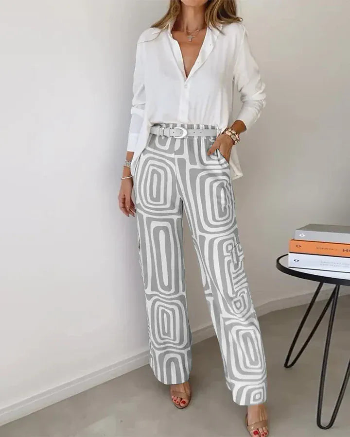 Modinzi Sets Grey / 8 (S) Women’s Two-Piece Set – White Button Shirt & High-Waist Geometric Wide Leg Trousers