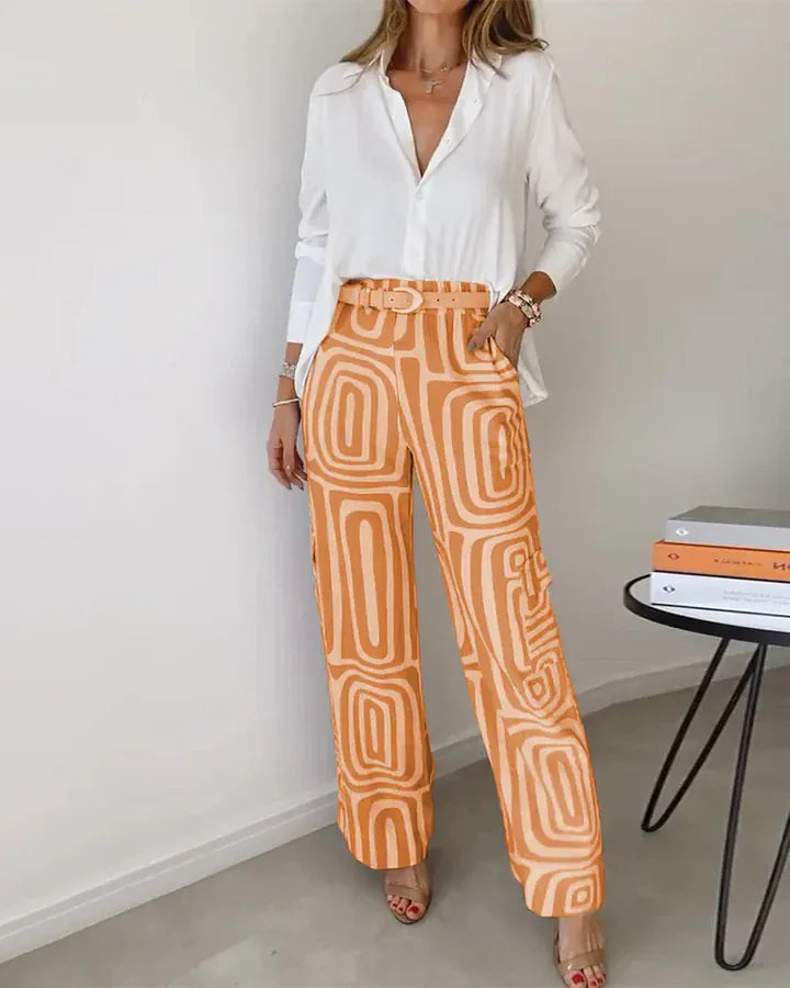 Modinzi Sets Orange / 8 (S) Women’s Two-Piece Set – White Button Shirt & High-Waist Geometric Wide Leg Trousers