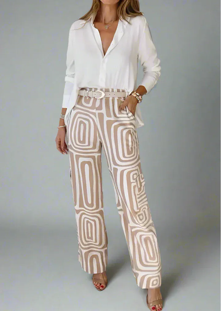 Modinzi Sets Women’s Two-Piece Set – White Button Shirt & High-Waist Geometric Wide Leg Trousers