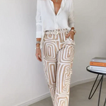 Modinzi Sets Women’s Two-Piece Set – White Button Shirt & High-Waist Geometric Wide Leg Trousers