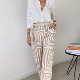 Modinzi Sets Women’s Two-Piece Set – White Button Shirt & High-Waist Geometric Wide Leg Trousers