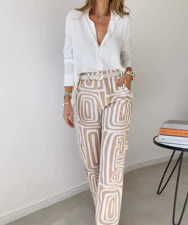Modinzi Sets Women’s Two-Piece Set – White Button Shirt & High-Waist Geometric Wide Leg Trousers