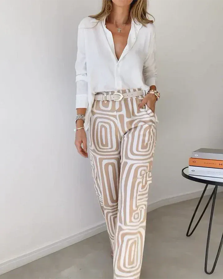 Modinzi Sets Women’s Two-Piece Set – White Button Shirt & High-Waist Geometric Wide Leg Trousers
