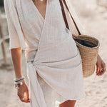 Modinzi Mini Dress Beige / 8 (S) Women’s V-Neck Wrap Mini Dress – Tie Waist Beach & Casual Dress