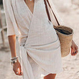 Modinzi Mini Dress Beige / 8 (S) Women’s V-Neck Wrap Mini Dress – Tie Waist Beach & Casual Dress