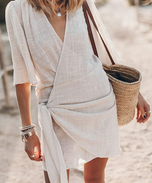 Modinzi Mini Dress Beige / 8 (S) Women’s V-Neck Wrap Mini Dress – Tie Waist Beach & Casual Dress