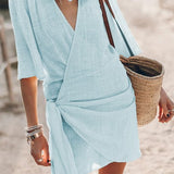 Modinzi Mini Dress Blue / 8 (S) Women’s V-Neck Wrap Mini Dress – Tie Waist Beach & Casual Dress