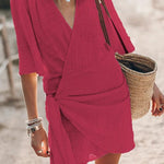 Modinzi Mini Dress Red / 8 (S) Women’s V-Neck Wrap Mini Dress – Tie Waist Beach & Casual Dress