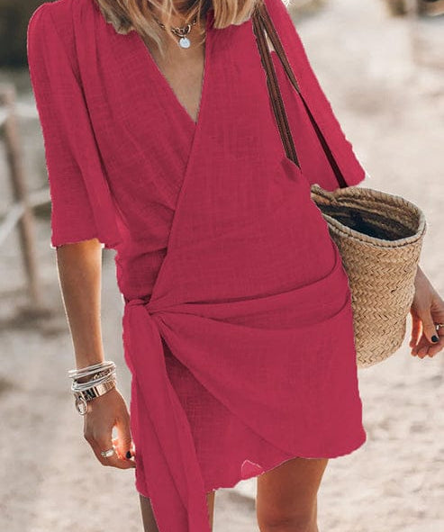 Modinzi Mini Dress Red / 8 (S) Women’s V-Neck Wrap Mini Dress – Tie Waist Beach & Casual Dress