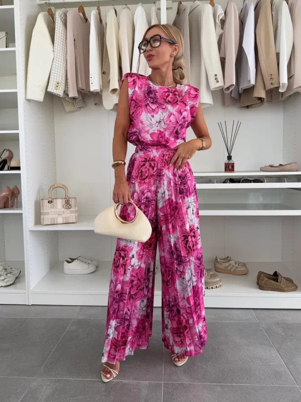 Modinzi Sets Floral / 8 (S) Women’s Viscose Wide-Leg Pleated Trousers & Sleeveless Blouse Set – Essence Collection