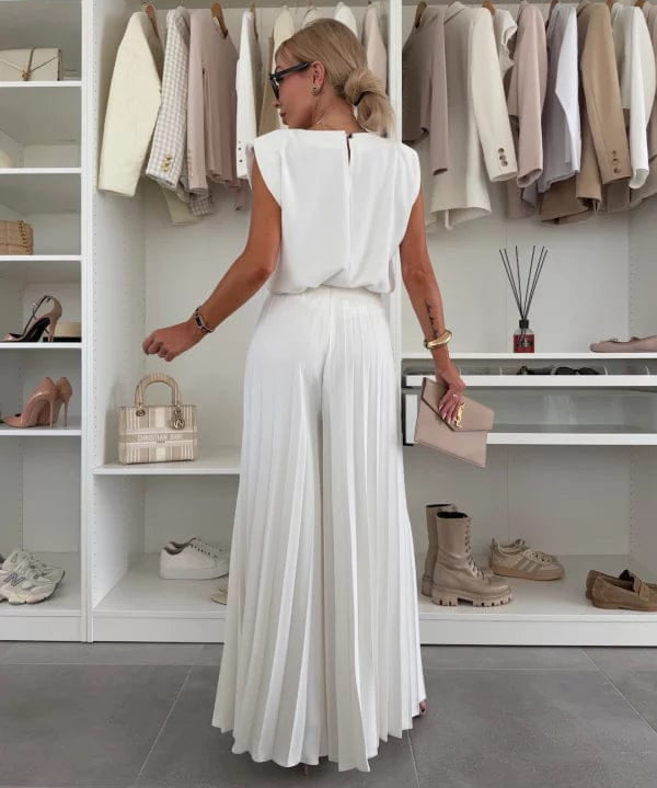 Modinzi Sets Women’s Viscose Wide-Leg Pleated Trousers & Sleeveless Blouse Set – Essence Collection