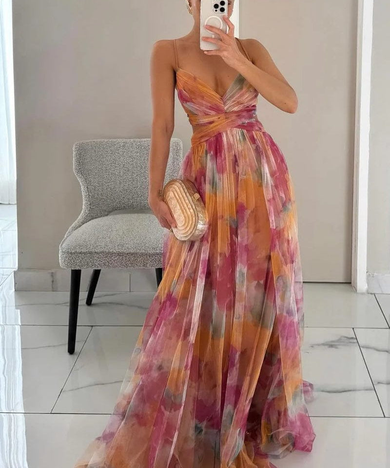 Modinzi Maxi dress Apricot / 8 (S) Women's Watercolor Chiffon Maxi Dress – Spaghetti Strap Backless Evening Gown
