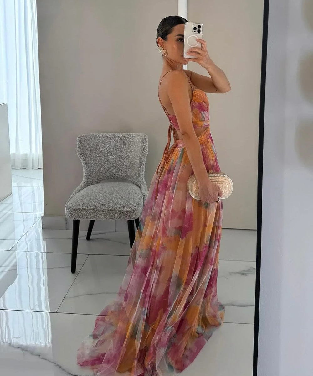 Modinzi Maxi dress Women's Watercolor Chiffon Maxi Dress – Spaghetti Strap Backless Evening Gown