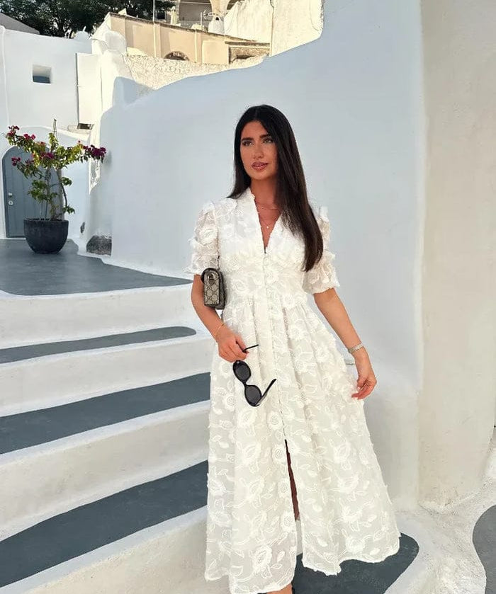 Modinzi Maxi dress white / 8 (S) Women’s White Embroidered Midi Dress – Elegant Floral Lace Vacation Dress