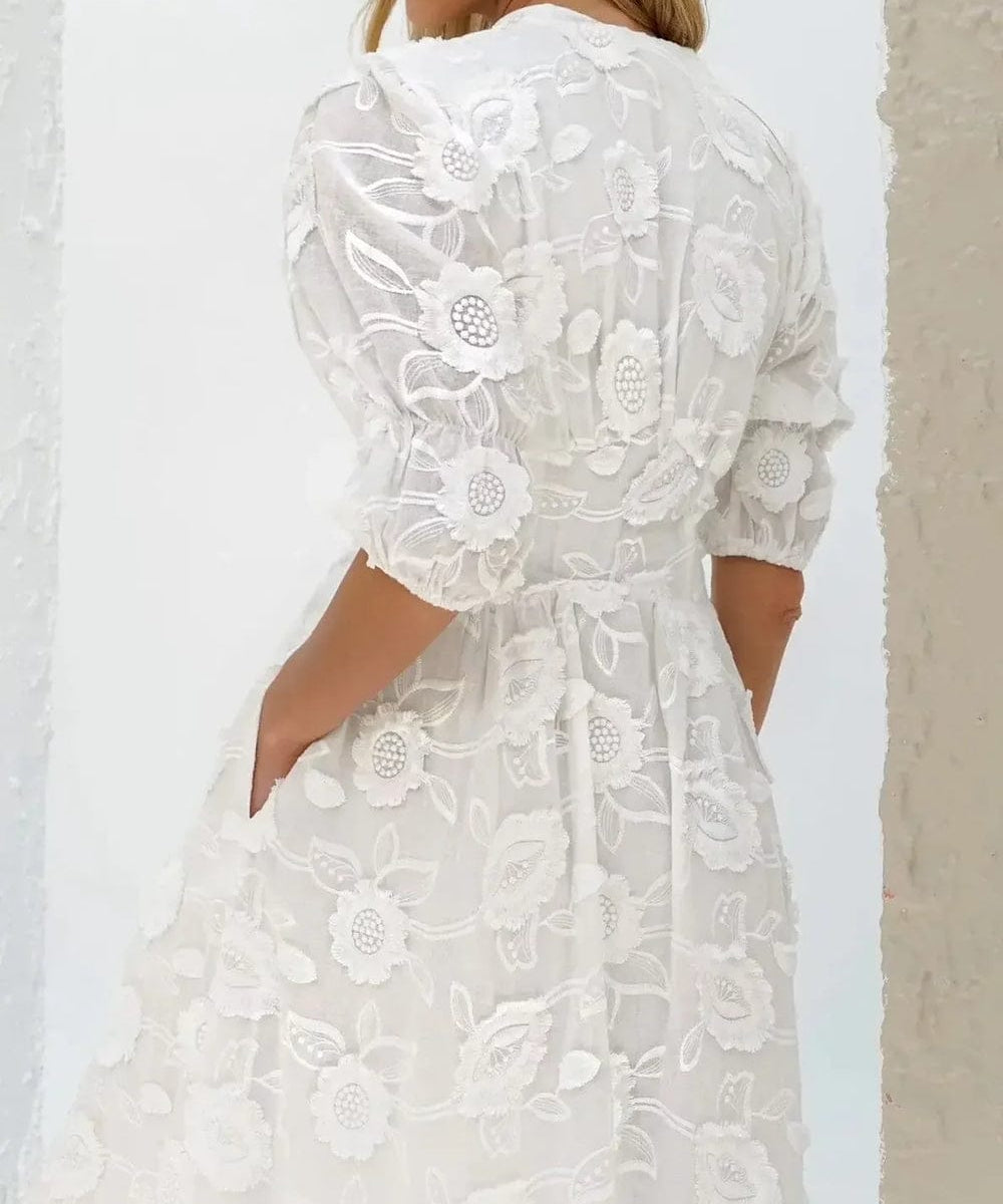 Modinzi Maxi dress Women’s White Embroidered Midi Dress – Elegant Floral Lace Vacation Dress