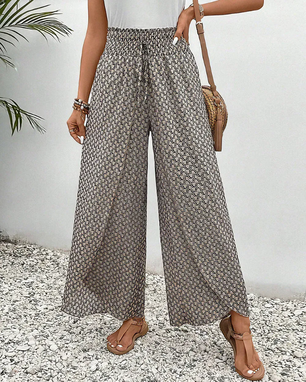 Modinzi Trousers black / 8 (S) Women’s Wide Leg Printed Trousers – High Waist Lightweight Summer Pants